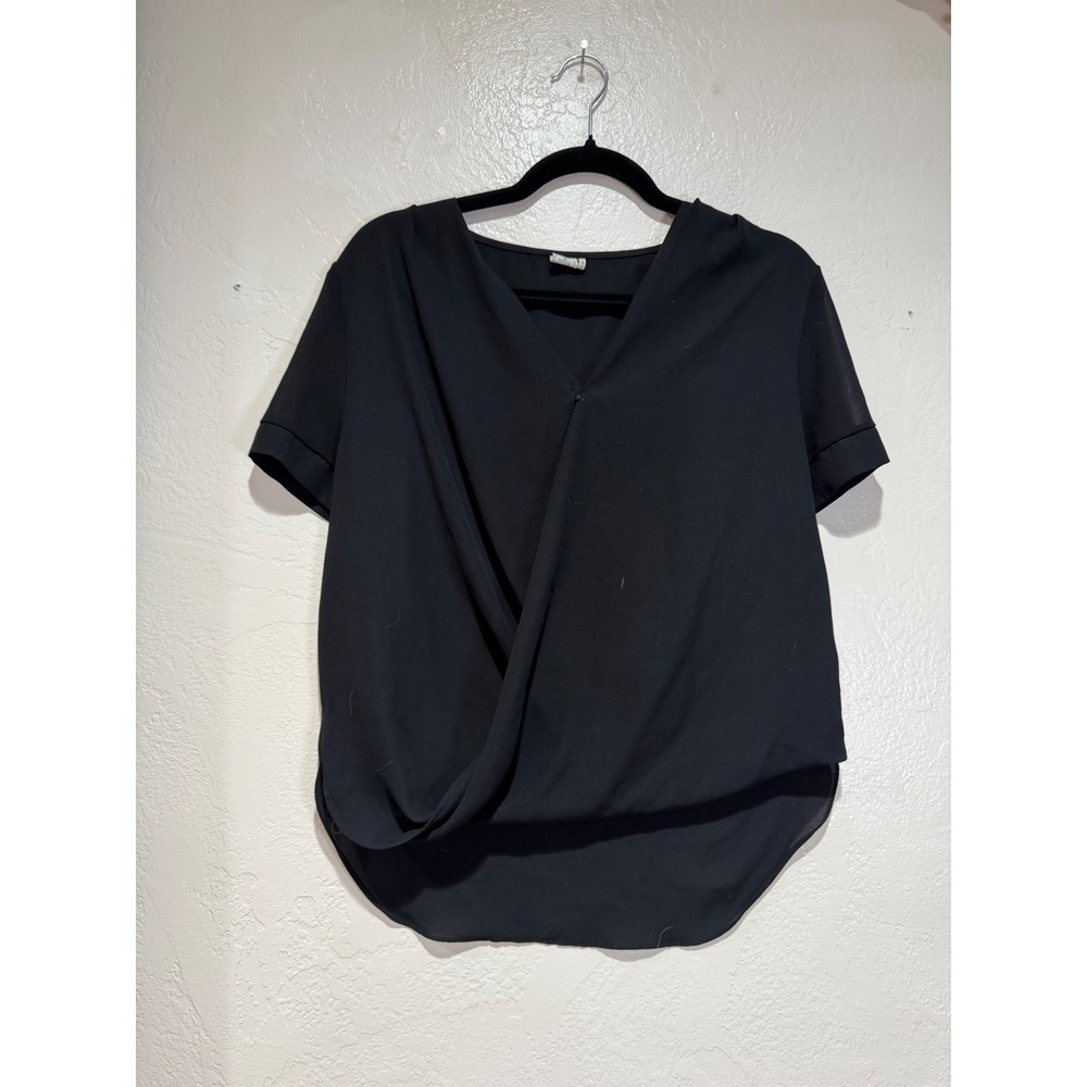 Paper Crane‎ Womens Black Draped Wrap Front V-Neck Short Sleeve Blouse Small